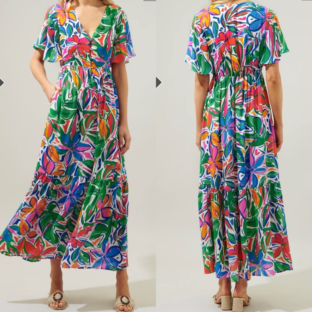 Sugarlips Paradise Falls Pismo Maxi‎ Dress L Tropical Flutter Sleeve